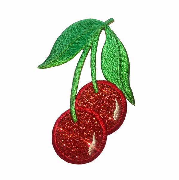 Two Glittered Cherries Patches (4-Pack) Fruit Embroidered Iron On Patch Appliques.