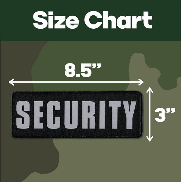 The size chart for a Security Patch - Ultra Reflective Hook and Loop Patch for Tactical Vest on a camouflage background.