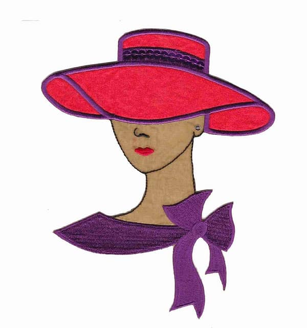 A Tan Red Hat Lady with Sequined Earring and Hat Band Iron On Patch- Large.