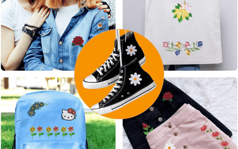 Embroidered backpacks and shoes with flowers and flowers on them.