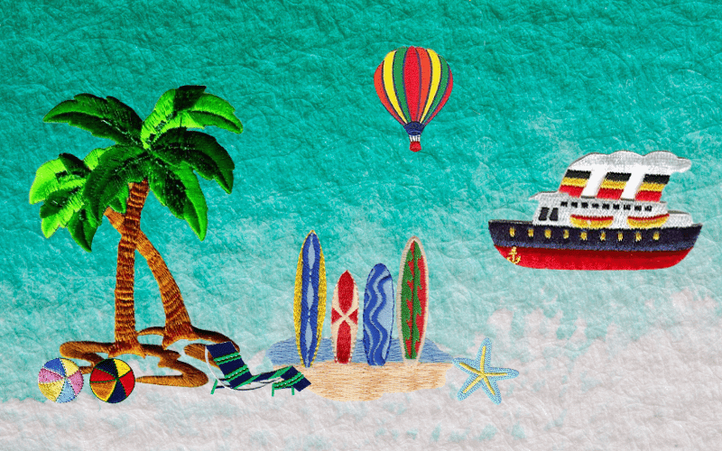 A beach scene with a boat, surfboards, palm trees, and a hot air balloon.