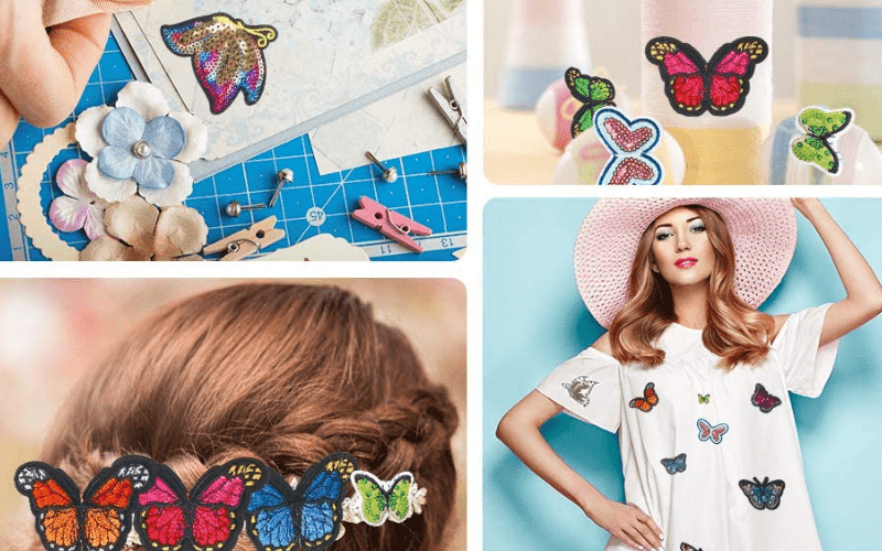A collage of pictures of butterflies, flowers, and hats.