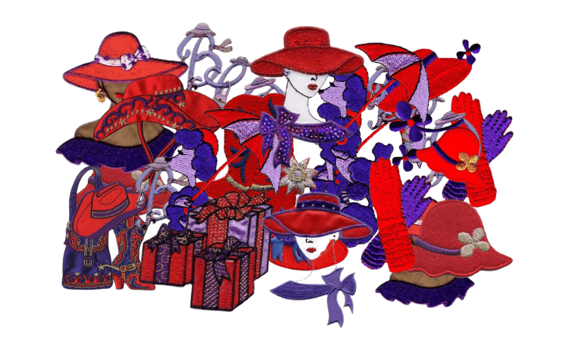 A group of women in red and purple hats.