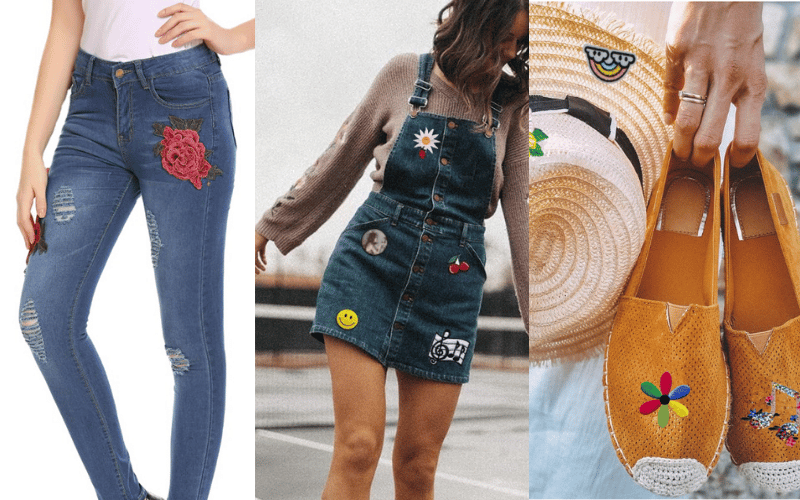 A collage of women wearing denim overalls, hats and shoes.