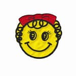 Smiley Face Girl Patch with Curly Hair and Red Bow Iron On Patch