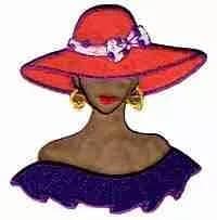 Tan Red Hat Lady with Purple Shoulder Flounce Iron On Patch – Large
