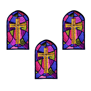 (3-pack) Gold Cross in Stained Glass Church Iron On Patch