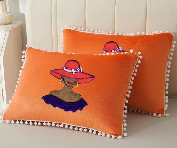 Throw Pillow with Red Hat Lady Patch
