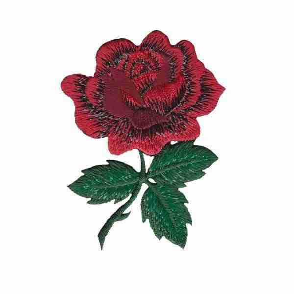 Sparkling Red Rose Patch With Stem Embroidered Applique